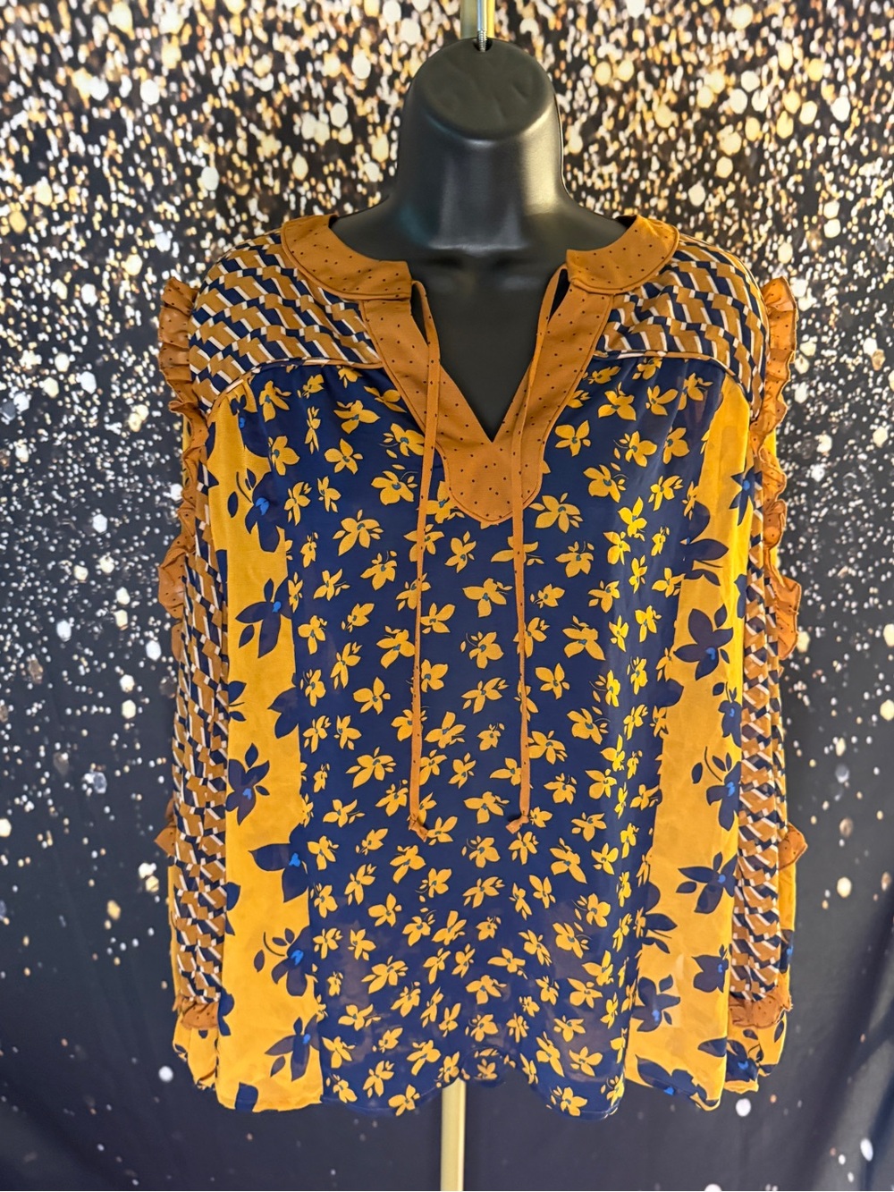 CAbi Navy and Mustard Floral Tie-Front Ruffle Sleeve Top